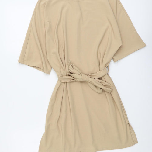 Boohoo Womens Beige Polyester T-Shirt Dress Size 8 Round Neck Pullover - Belted