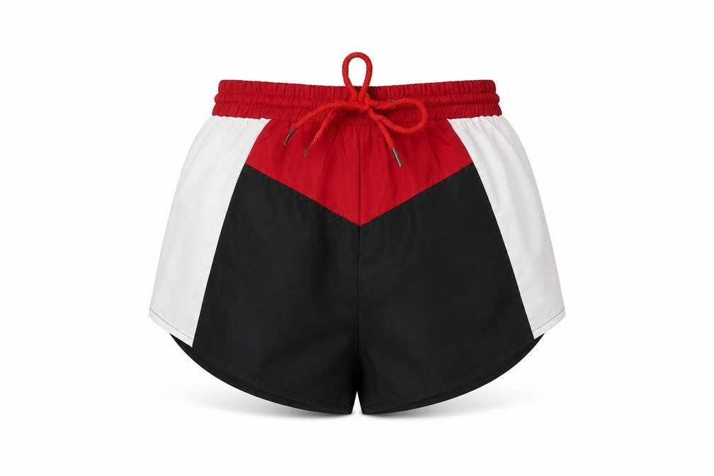 Front view of PRETTYLITTLETHING women’s multicoloured striped polyester sweat shorts, size UK 6 regular drawstring