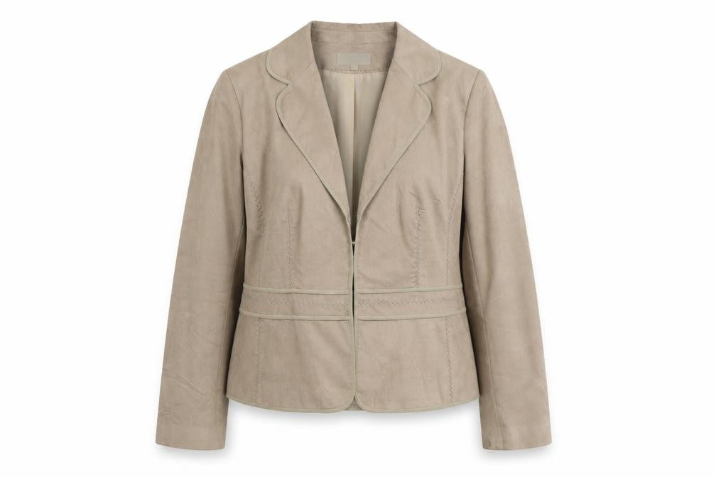 Front view of Marks & Spencer women’s beige polyester jacket blazer, size UK 12