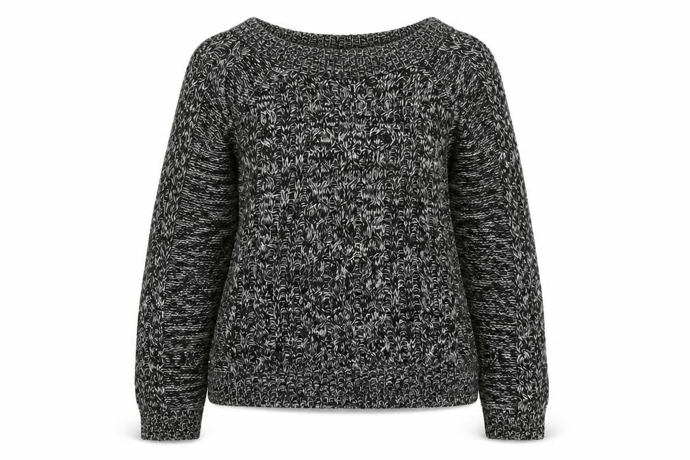 Front view of Select women’s black round neck geometric acrylic jumper, size UK 12