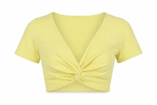 Front view of PRETTYLITTLETHING women’s yellow polyester cropped tank, size UK 6, v-neck - twist detail