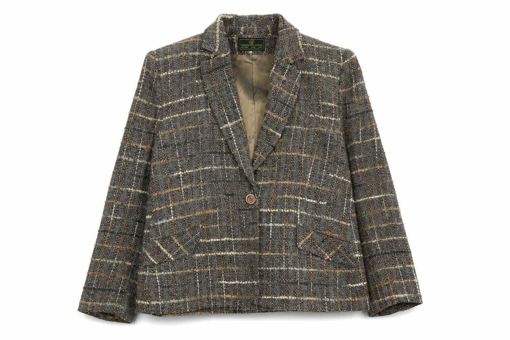 Front view of Gianfranco Corneli women’s grey geometric viscose jacket blazer, size UK 16