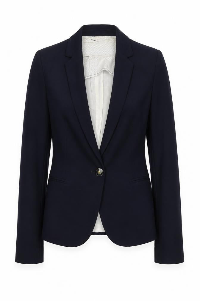 Front view of Zara women’s blue cotton jacket suit jacket, size XS