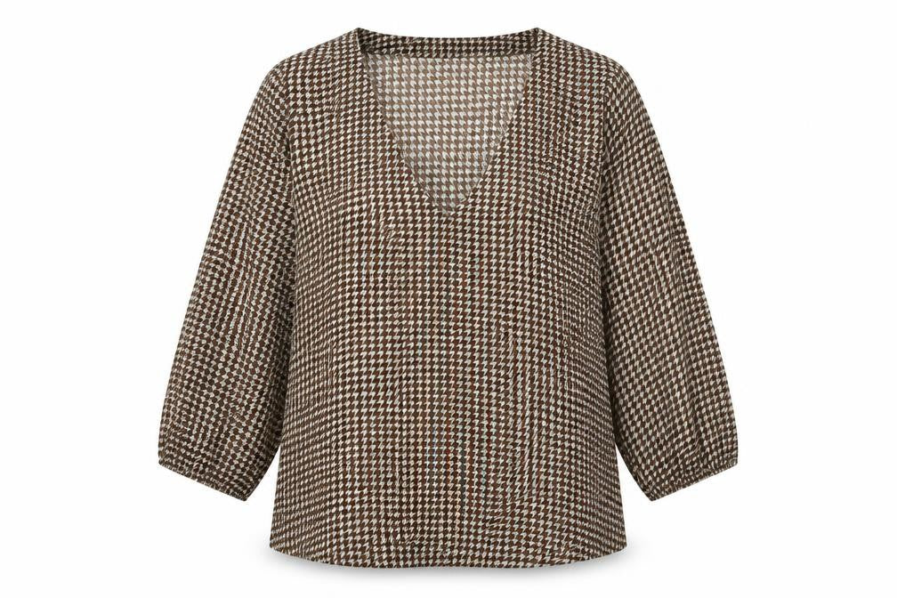 Front view of VILA women’s brown geometric polyester basic blouse, size UK 10, v-neck