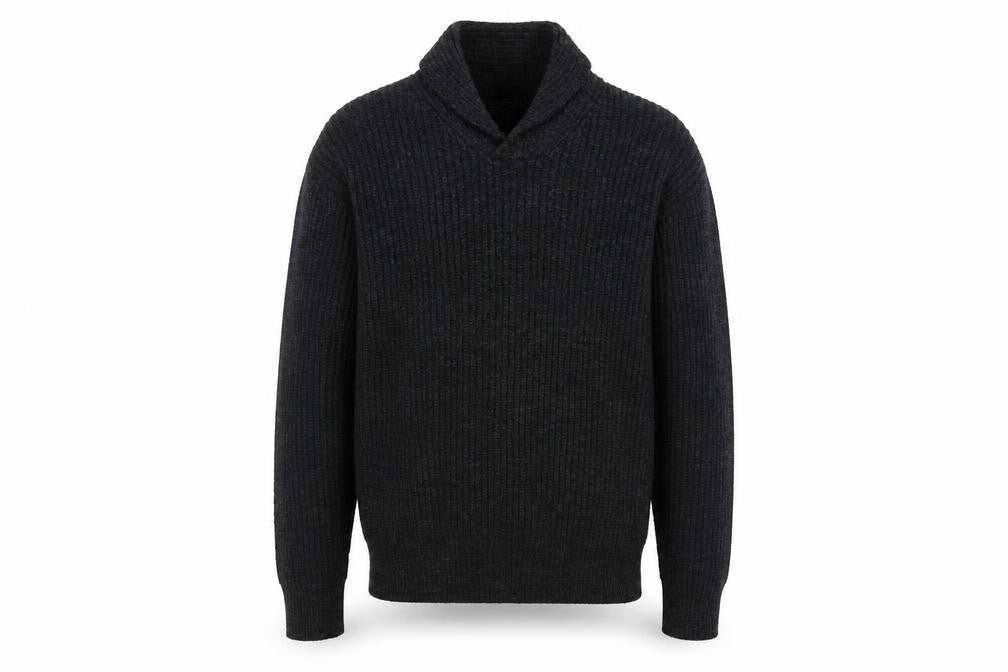 Front view of Petroleum men’s grey collared acrylic jumper, size M, long sleeve