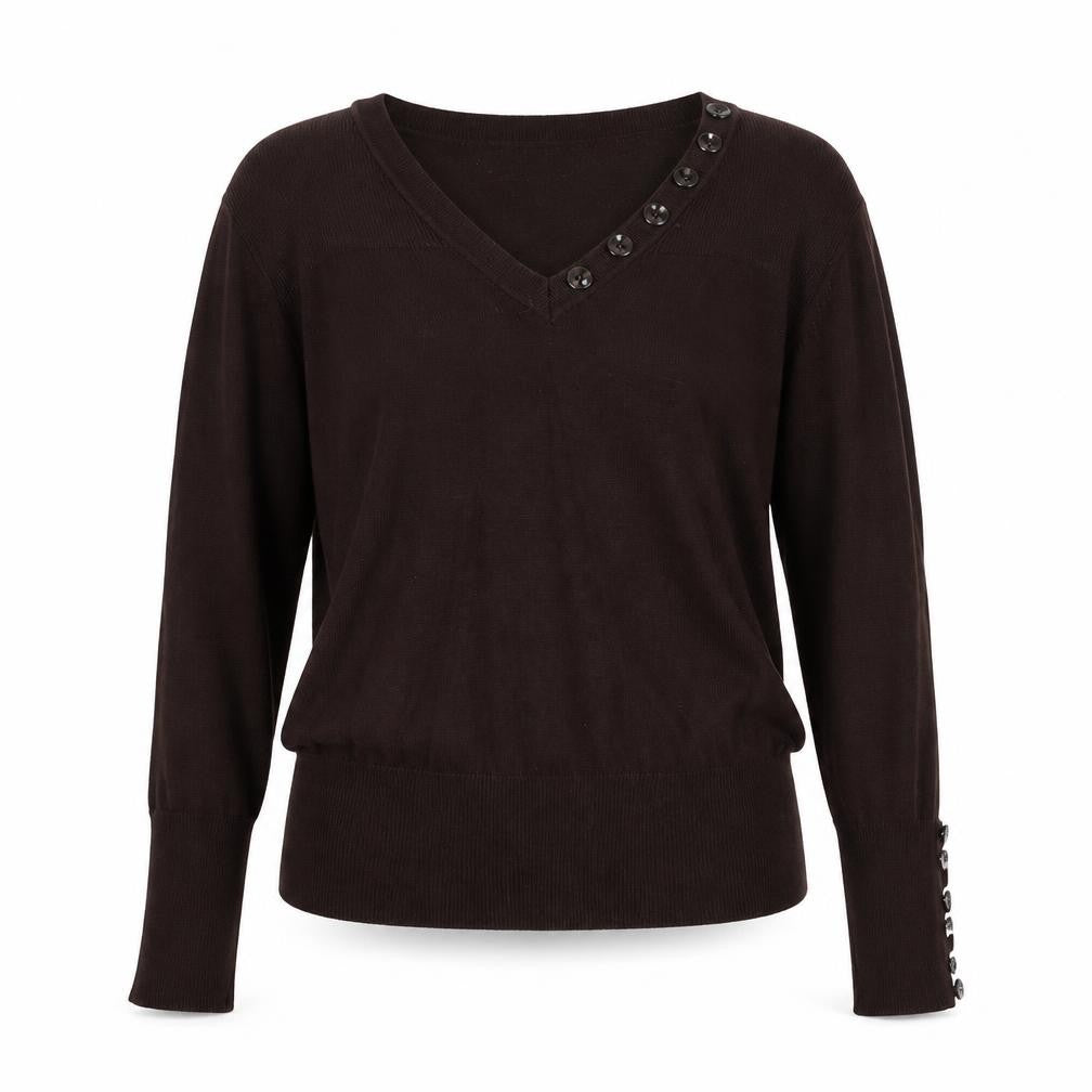 Front view of Just Elegance women’s brown v-neck viscose jumper, size M