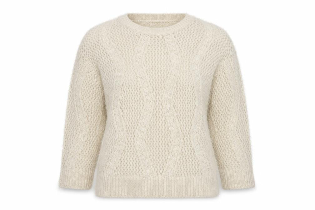 Front view of Marks & Spencer women’s beige round neck polyamide jumper, size UK 16