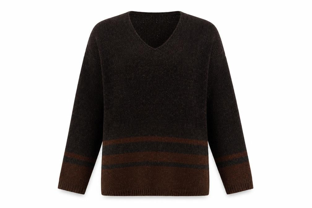 Debbie Morgan Womens Brown V-Neck Striped Acrylic Pullover Jumper Size M - Size M/L