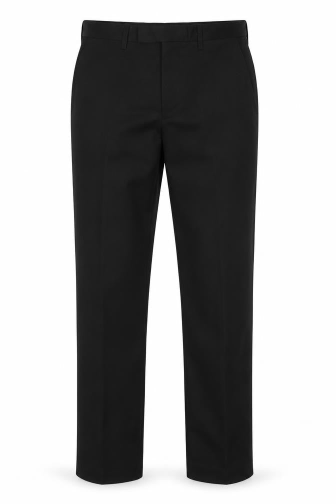 Front view of Jack Reid men’s black polyester trousers, size 30, in regular zip