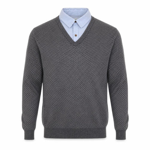 G2000 Mens Grey V-Neck Geometric Cotton Pullover Jumper Size S Long Sleeve - Shirt Collar