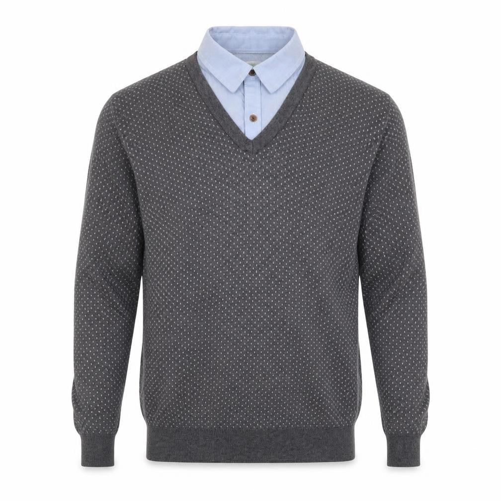G2000 Mens Grey V-Neck Geometric Cotton Pullover Jumper Size S Long Sleeve - Shirt Collar