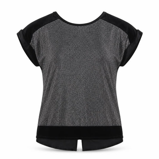 Front view of Oasis women’s silver geometric polyester basic blouse, size L, round neck