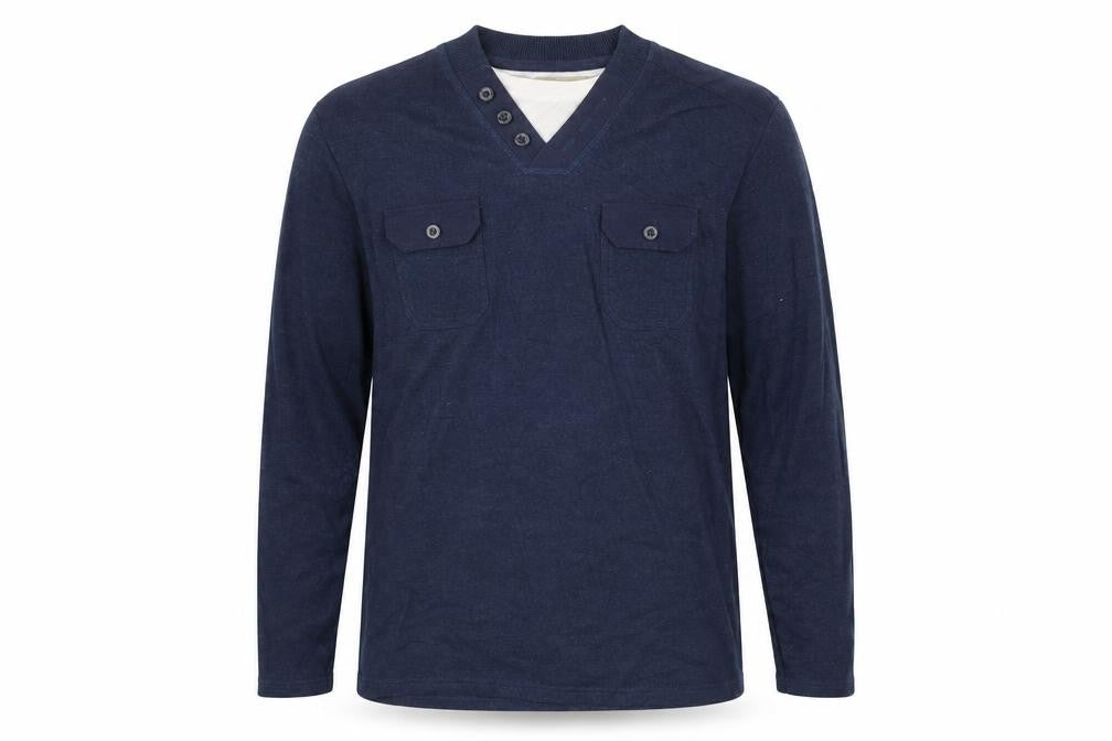 Front view of BHS men’s blue v-neck cotton jumper, size L, long sleeve