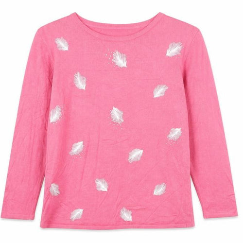 CASAMIA Womens Pink Round Neck Geometric Acrylic Pullover Jumper Size S - Feathers Print
