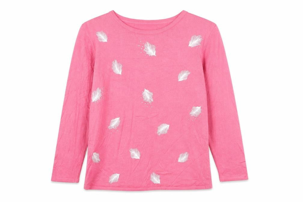 CASAMIA Womens Pink Round Neck Geometric Acrylic Pullover Jumper Size S - Feathers Print