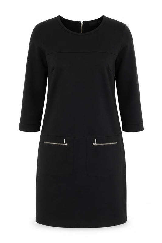 Front view of Fransa women’s black polyester a-line, size S, round neck zip