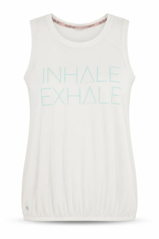 Front view of Next women’s white polyester basic tank, size UK 8, round neck - inhale exhale