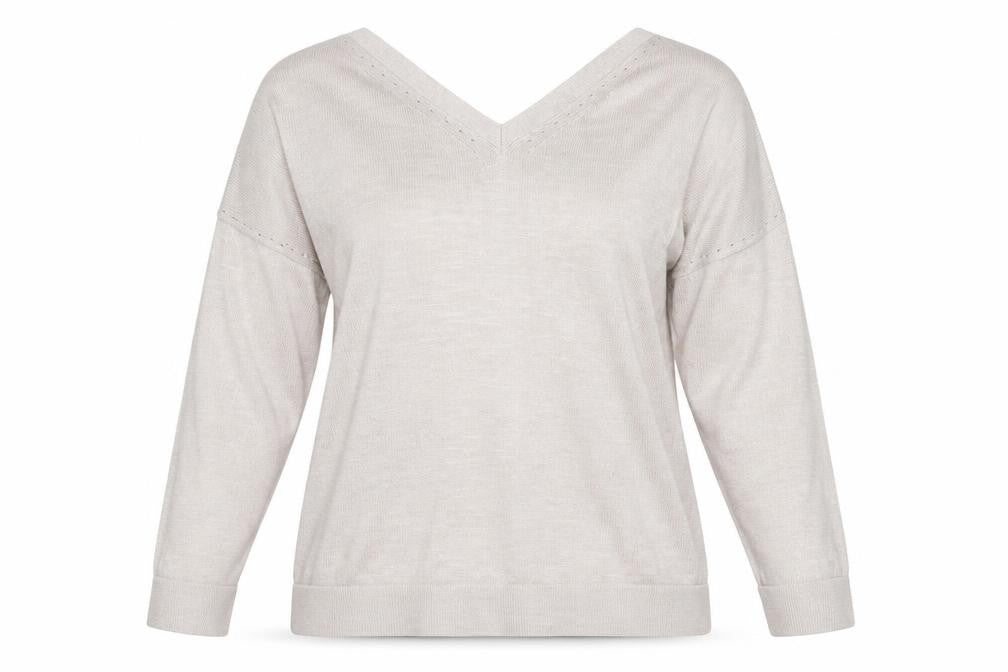 Front view of Monsoon women’s beige v-neck acrylic jumper, size S
