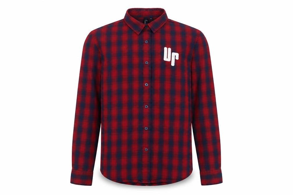 Front view of Premier boys’ red plaid 100% cotton pullover button-up, size M, collared button