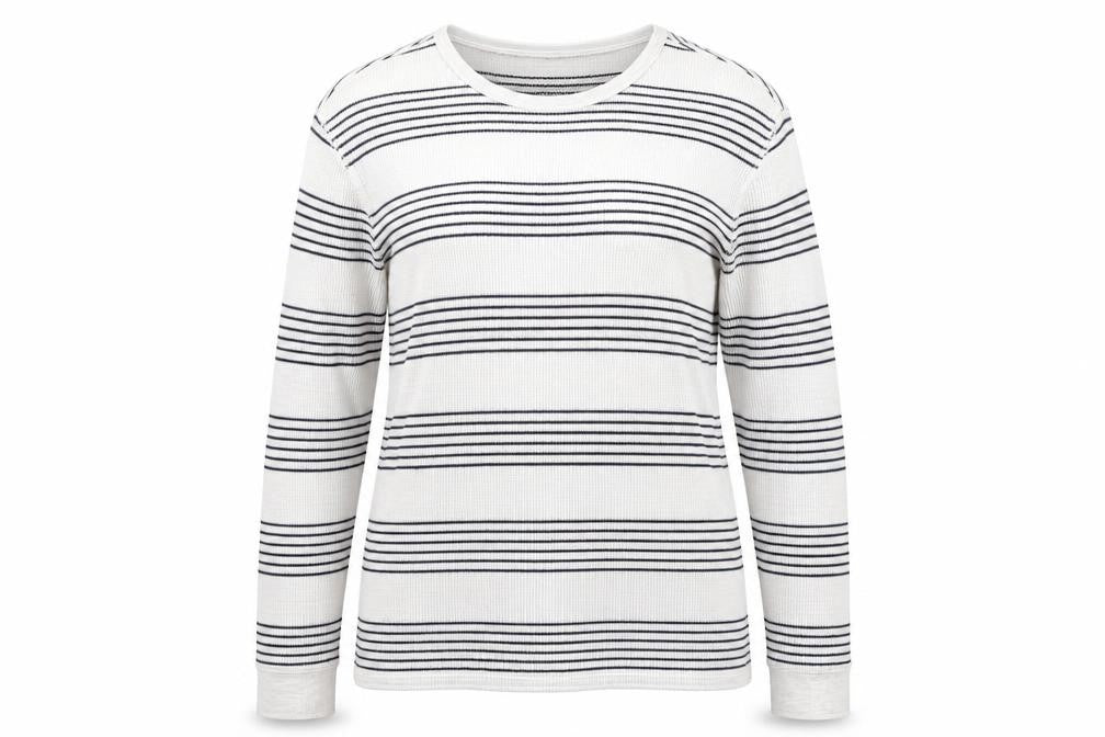 Front view of Gap women’s grey round neck striped cotton jumper, size L