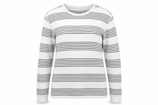 Front view of Gap women’s grey round neck striped cotton jumper, size L
