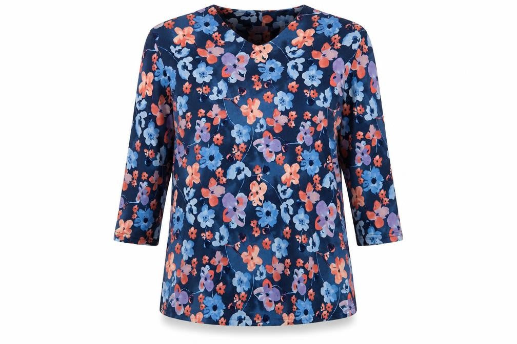 Front view of EWM women’s blue v-neck floral polyester jumper, size UK 14