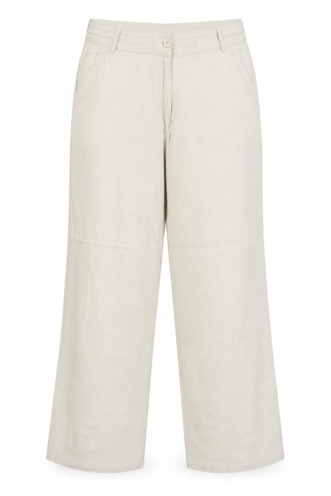 Front view of Enza women’s beige linen trousers, size XL, regular zip