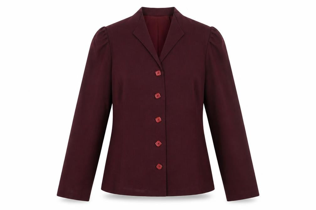 Front view of Country Casuals women’s red jacket blazer, size UK 14, button