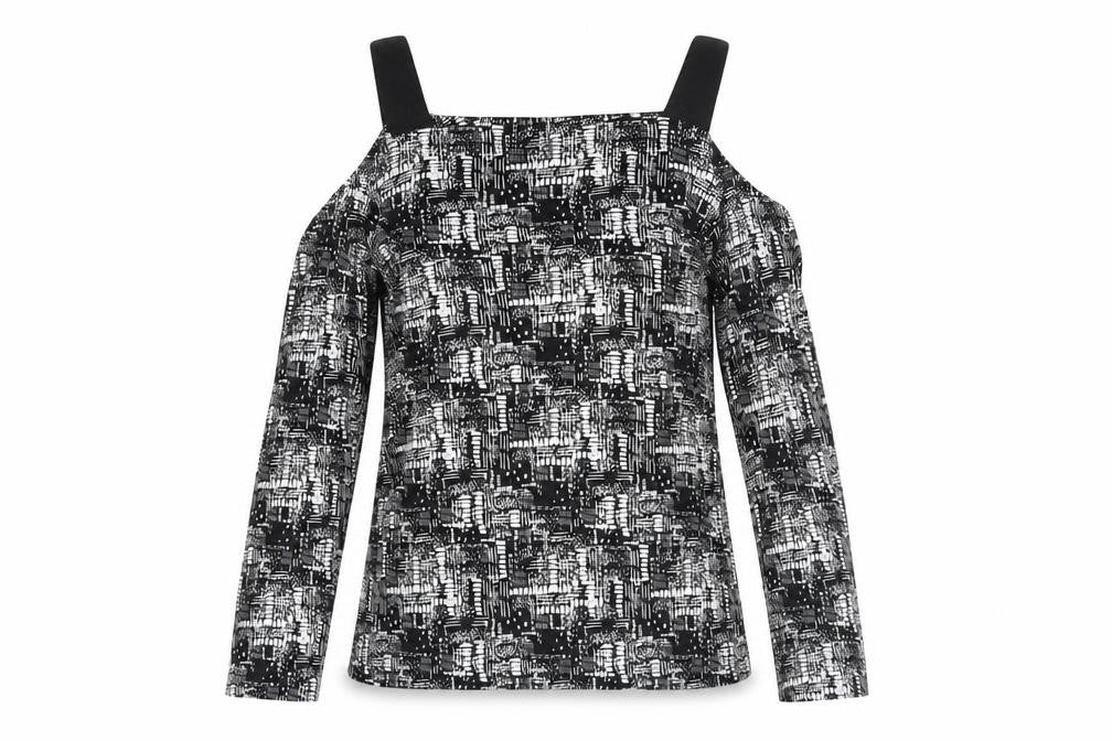 Front view of Sparkle & Fade women’s black geometric viscose basic blouse, size M, square neck - cold shoulder