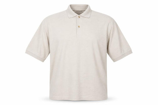 Front view of Classics men’s beige polyester polo, size XL, collared button