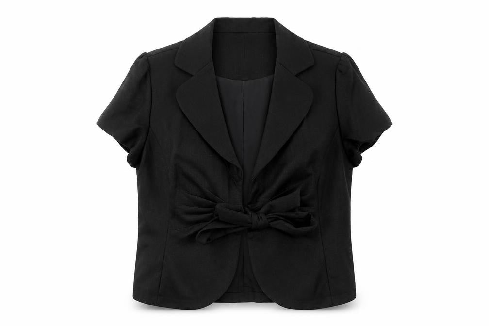 Front view of Arruba women’s black jacket blazer, size UK 14, tie