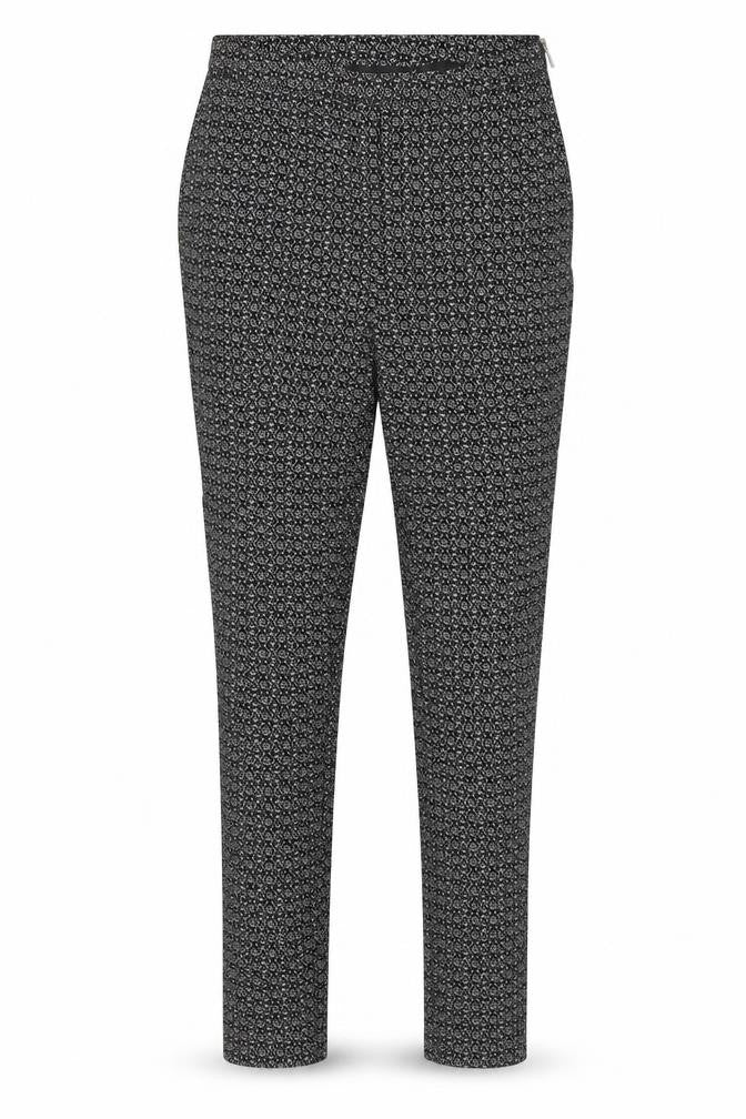 Front view of New Look women’s black geometric viscose trousers, size UK 8, regular zip
