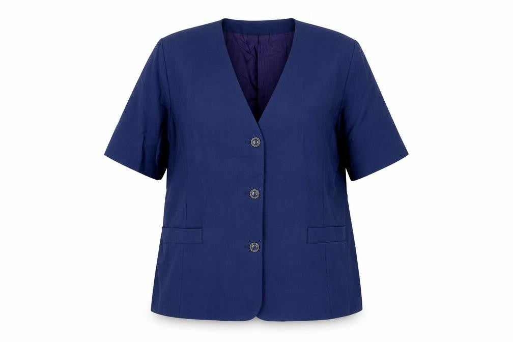Front view of Nicholas Charlets women’s blue jacket blazer, size UK 18, button