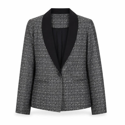 Front view of SOFT GREY women’s silver geometric jacket blazer, size UK 10, button