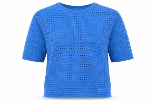 Front view of Next women’s blue round neck geometric cotton jumper, size UK 8