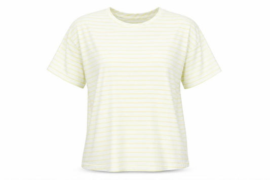 Front view of ASOS women’s yellow striped cotton basic t-shirt, size UK 6, round neck