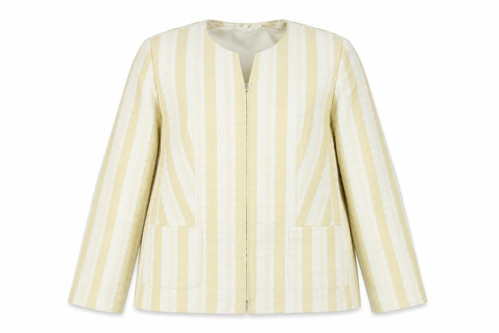 Front view of Andrea women’s ivory striped jacket, size UK 20, zip