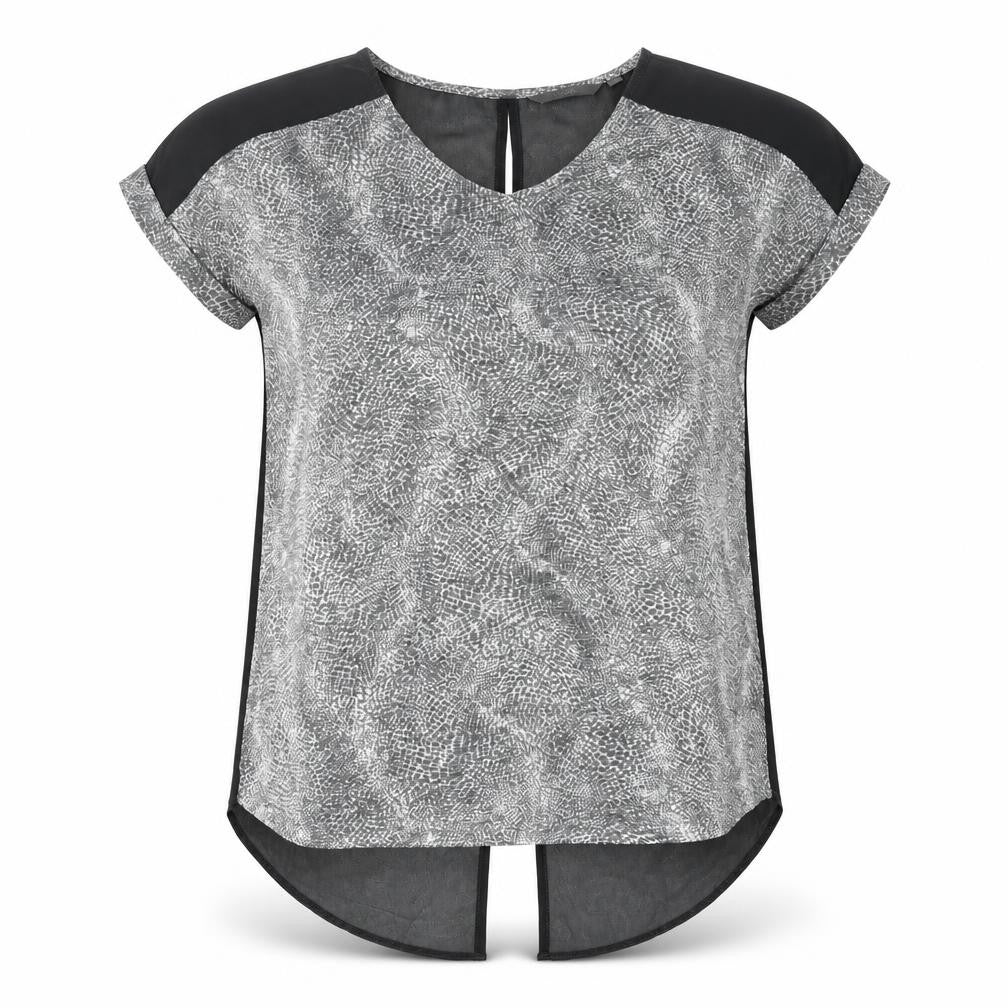 Front view of Next women’s grey geometric polyester basic blouse, size UK 6, round neck
