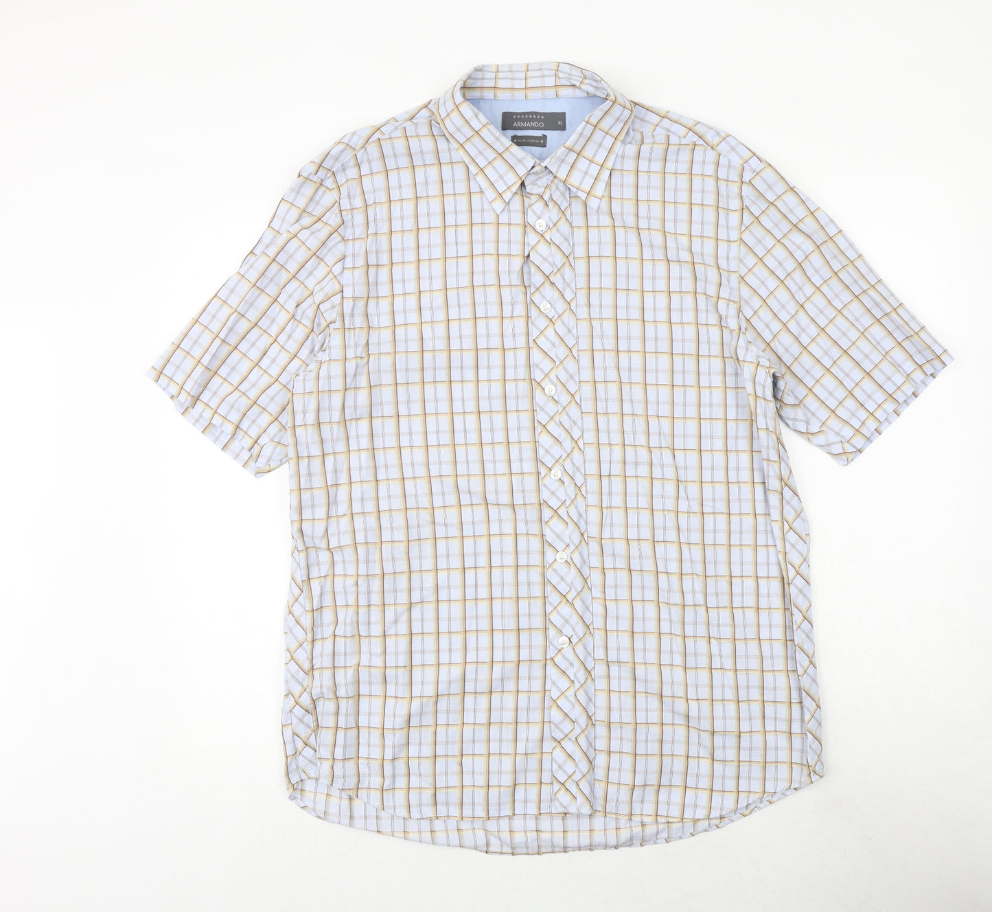 ARMANDO Mens Blue Check 100% Cotton Button-Up Size XL Collared Button