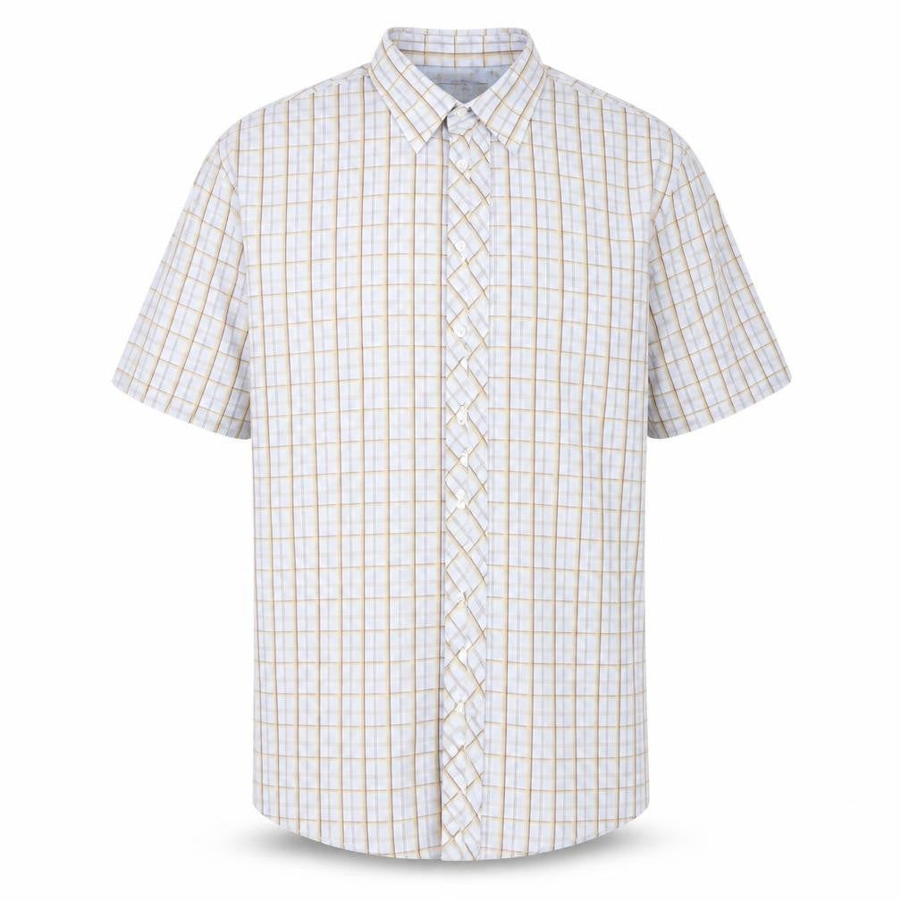 Front view of ARMANDO men’s blue check 100% cotton button-up, size XL, collared button