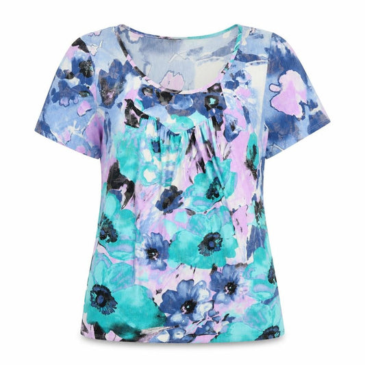 Front view of Saloos women’s multicoloured floral polyester basic t-shirt, size S, round neck