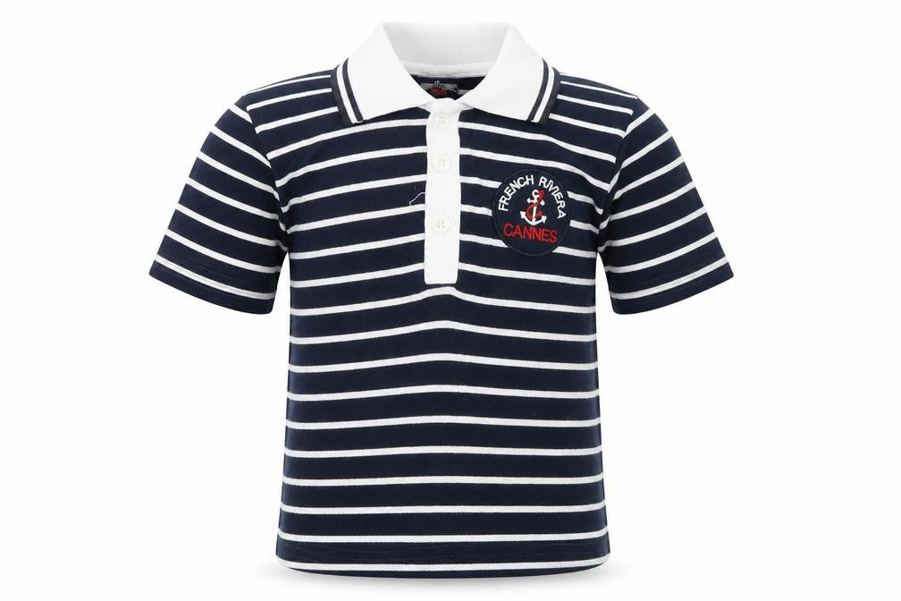Spirit of Cannes Boys Blue Striped 100% Cotton Pullover Polo Size 3 Years Collared Button - French Riviera
