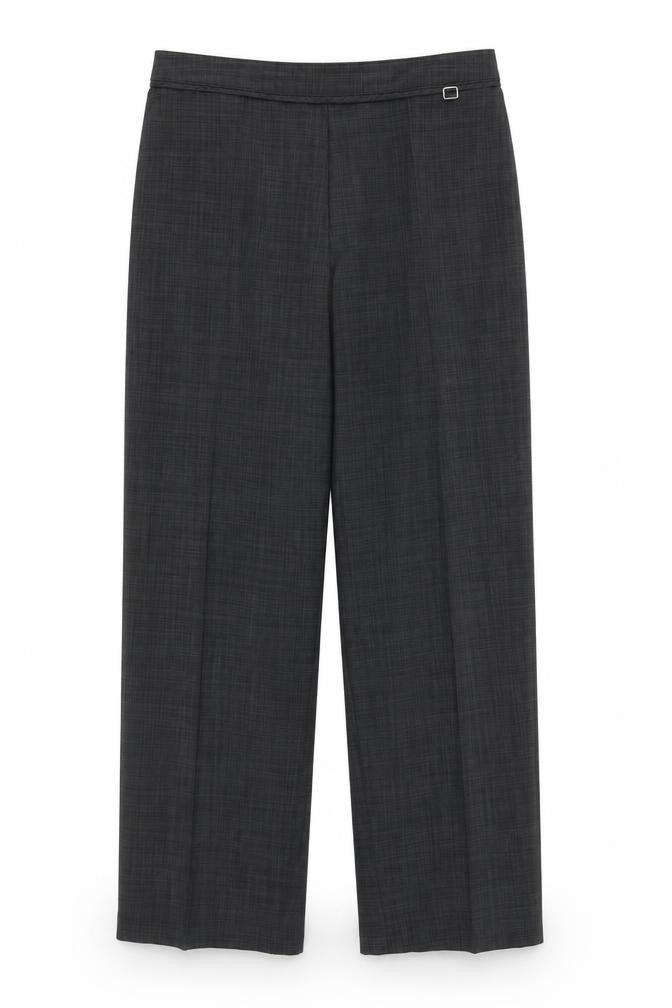 Front view of Marks & Spencer women’s grey geometric polyester trousers, size UK 12, regular