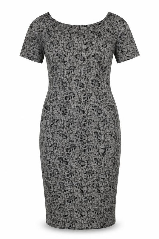 Front view of Club L women’s black paisley polyester bodycon, size UK 10, boat neck pullover