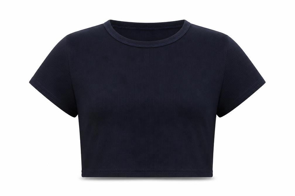 Front view of PRETTYLITTLETHING women’s blue polyester cropped t-shirt, size UK 14, crew neck
