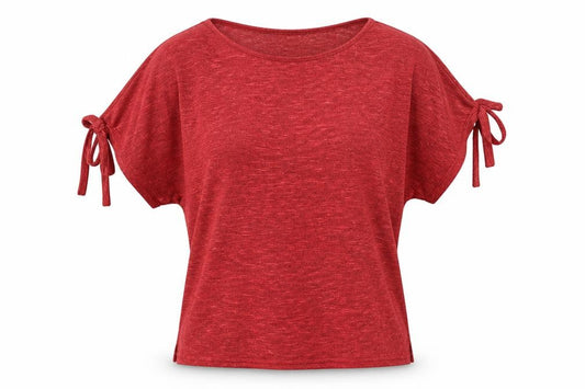 Front view of New Look women’s red polyester basic blouse, size S, boat neck - cold shoulder