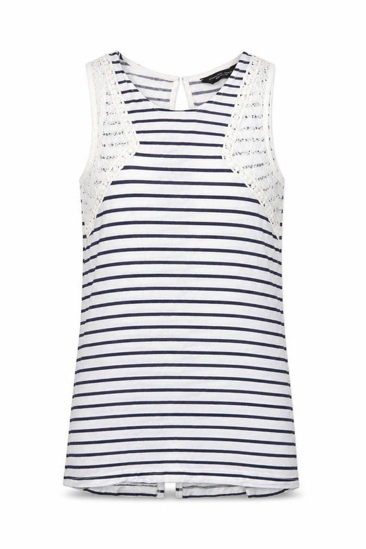Front view of Dorothy Perkins women’s white striped polyester basic tank, size UK 10, boat neck - crocheted lace detail