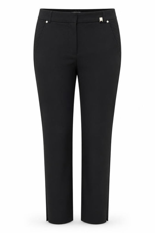 Front view of Country Casuals women’s black polyester trousers, size UK 10, regular zip