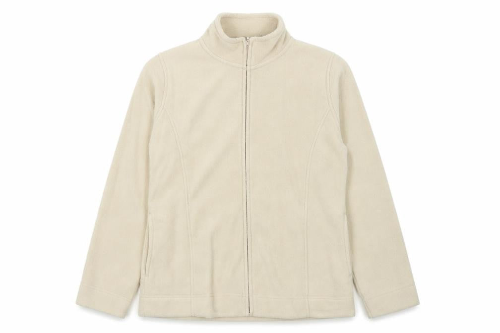 Front view of EWM women’s beige jacket, size M, zip -, size UK 14-16