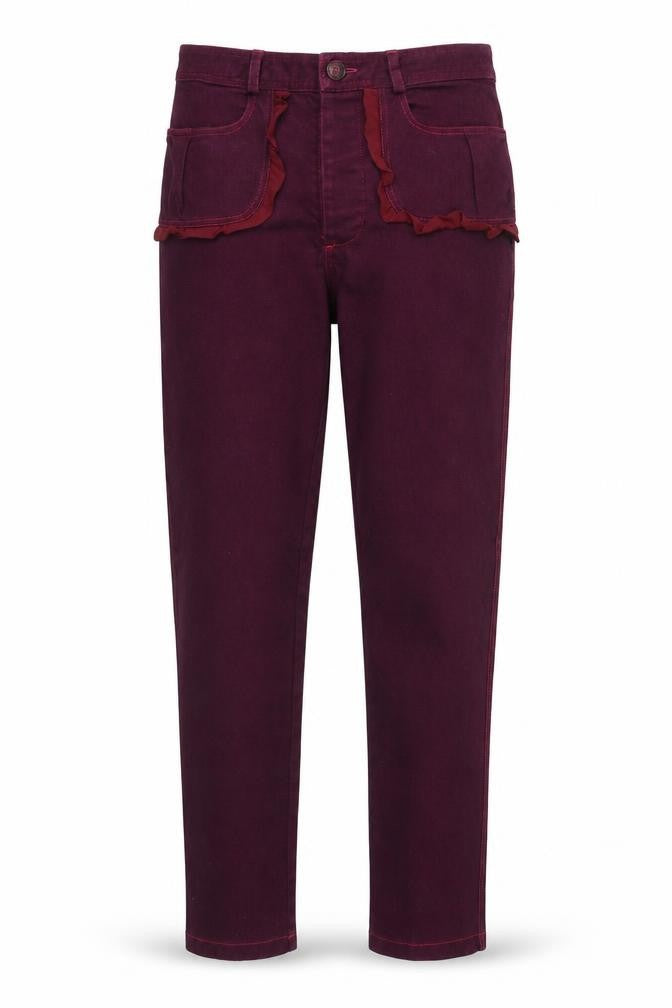 Front view of Borne women’s purple cotton tapered jeans, size UK 32, in regular zip